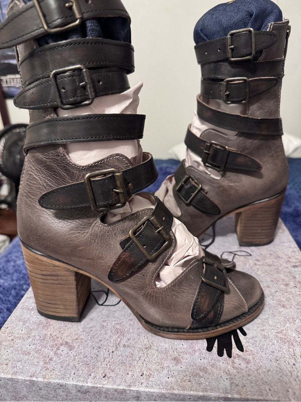 Freebird by Steven in Stone Strappy Buckle Block Heel Boots